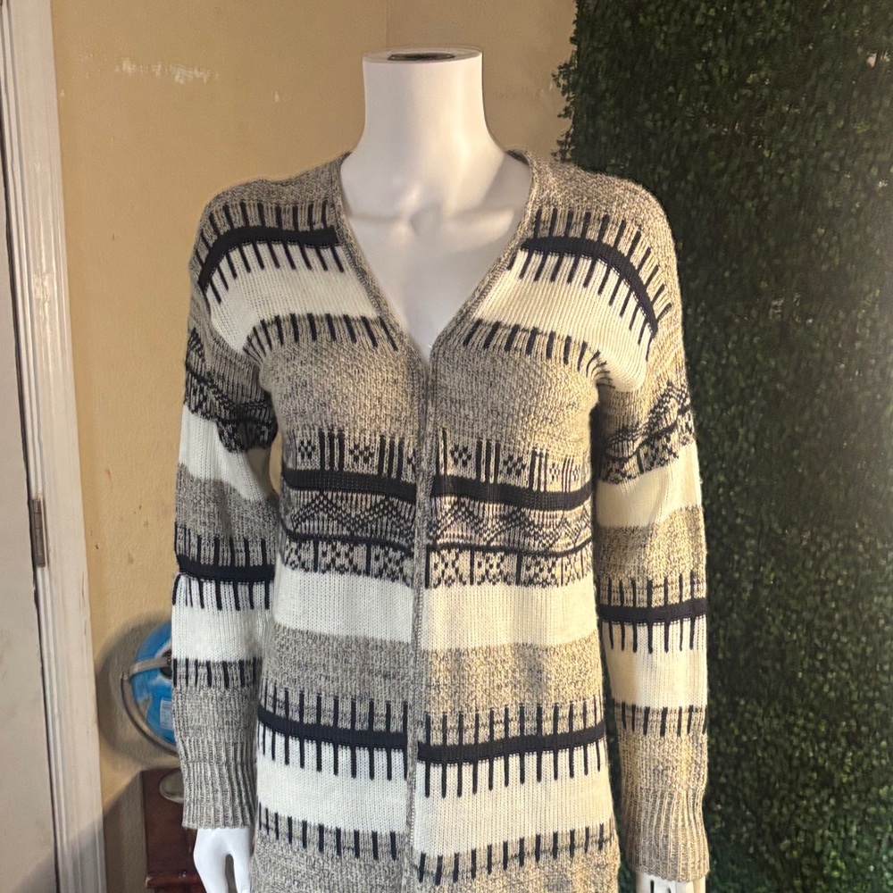 new directions Striped Open-Front Cardigan in Cream, Gray & Black